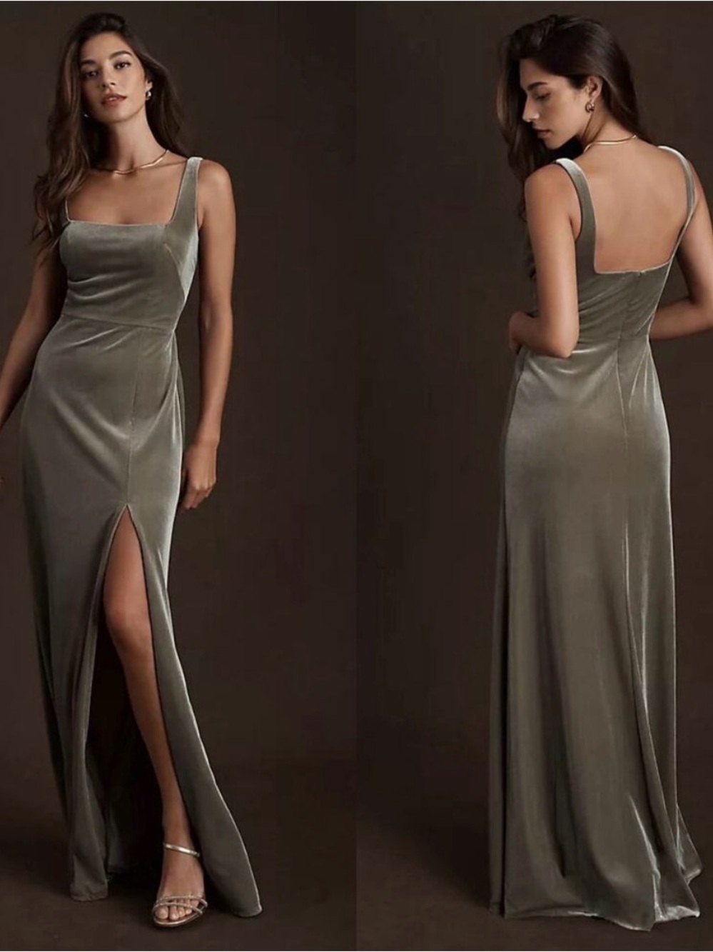 Jenny Yoo Velvet Square-Neck Maxi Dress with Front Slit - Green